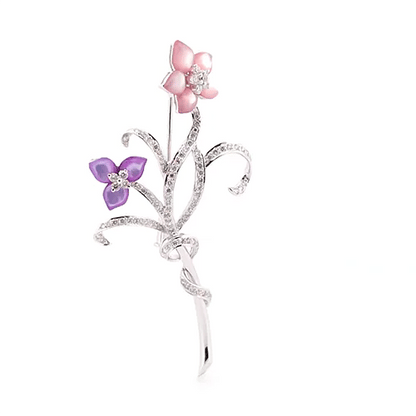 18ct White Gold  Pink Lilac Mother of Pearl Diamond Floral Brooch - 18P109