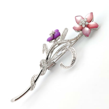 18ct White Gold  Pink Lilac Mother of Pearl Diamond Floral Brooch - 18P109