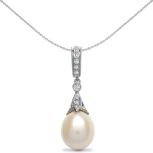 18ct White Gold  0.25ct Diamond Pearl Pearl Full Moon Drop Pendant - 18P151