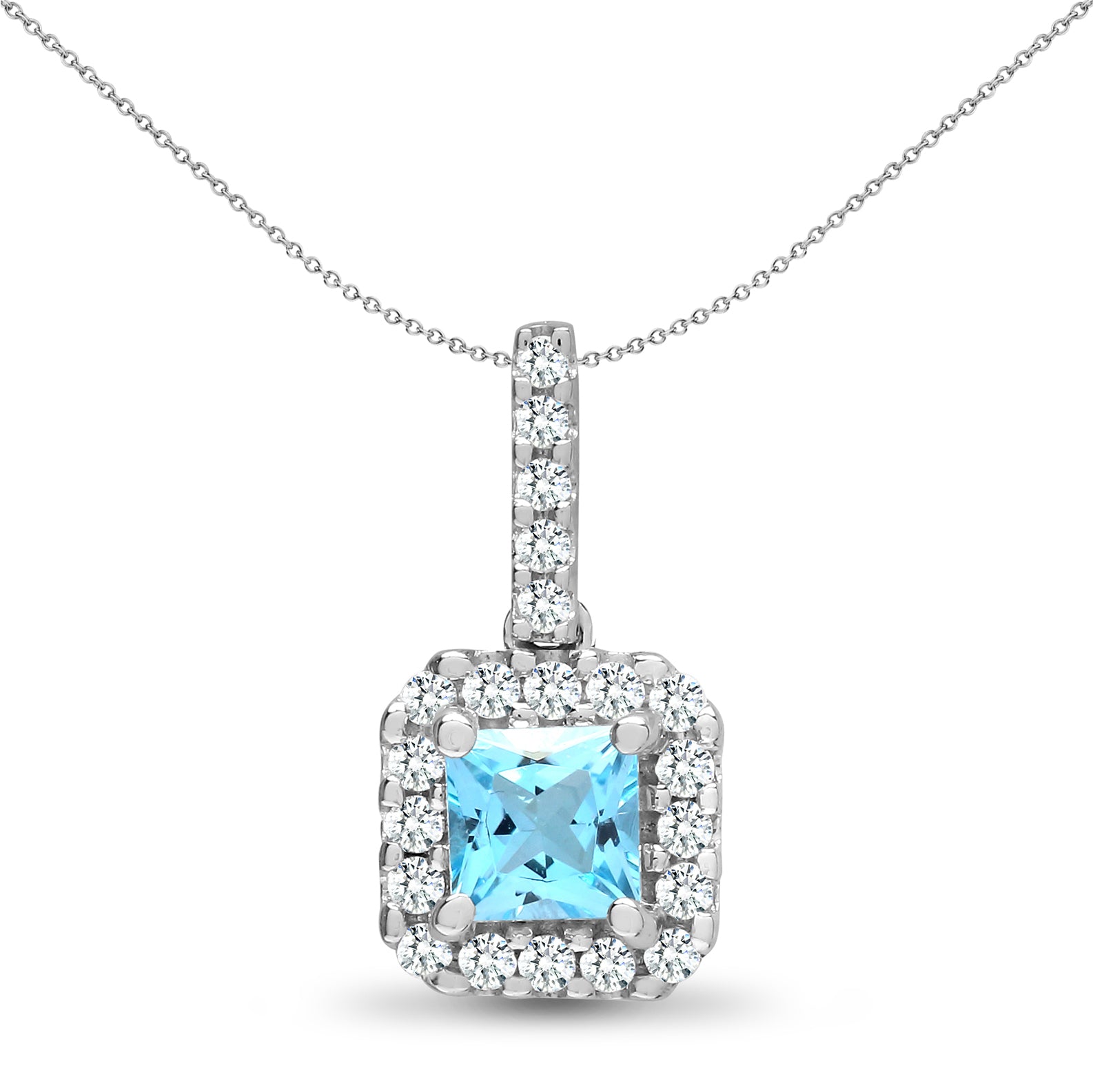 18ct White Gold  Diamond Blue Topaz Square Halo Cluster Pendant - 18P212