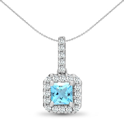 18ct White Gold  Diamond Blue Topaz Square Halo Cluster Pendant - 18P212