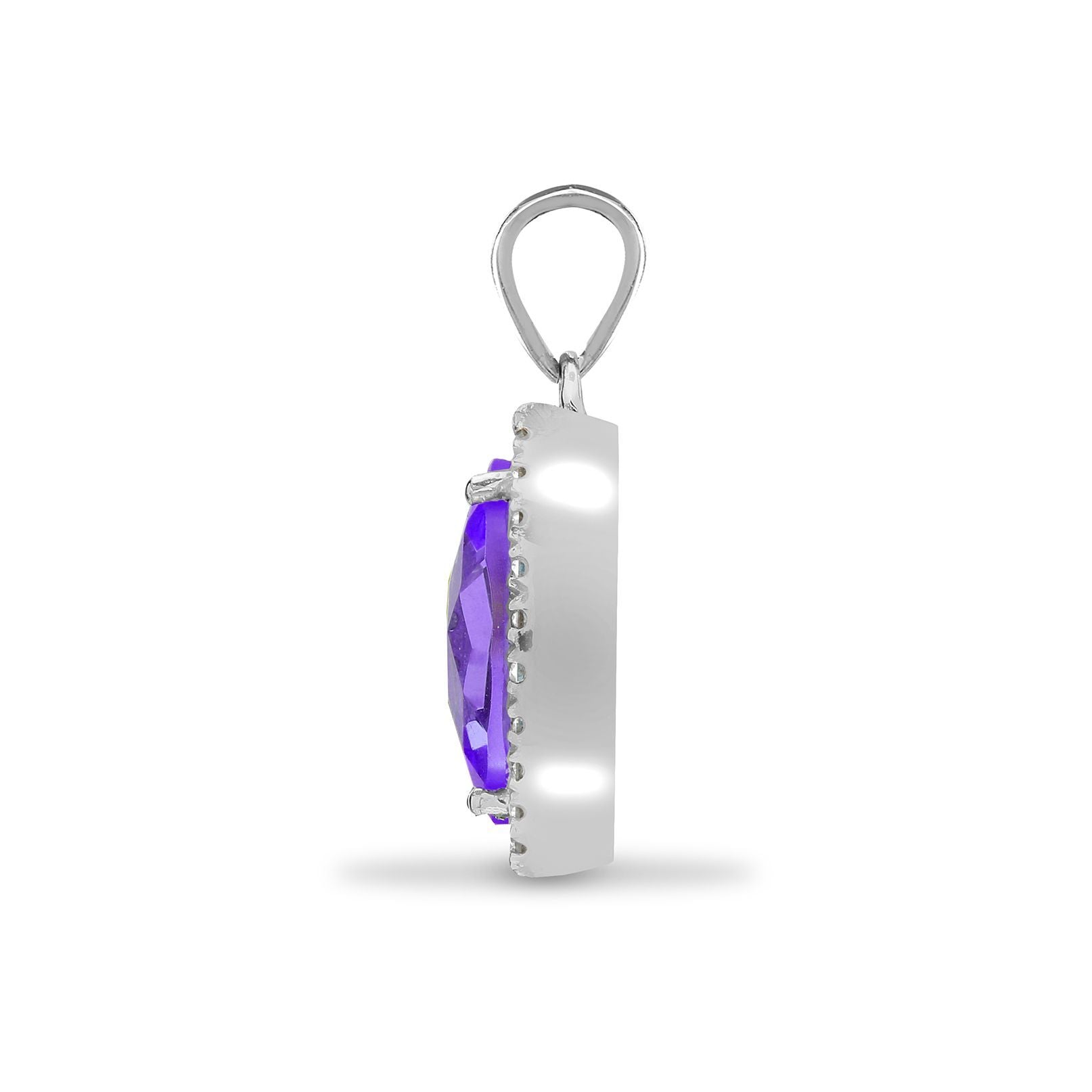 18ct White Gold  Diamond Amethyst Teardrop Halo Cluster Pendant - 18P215