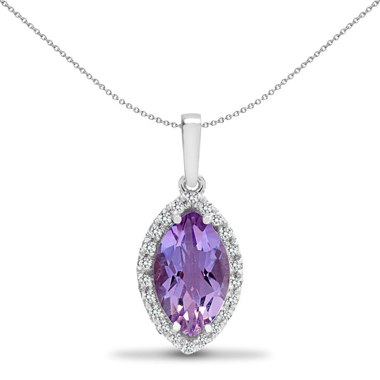 18ct White Gold  Diamond Amethyst Teardrop Halo Cluster Pendant - 18P215