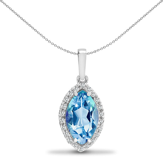 18ct White Gold  Diamond Blue Topaz Teardrop Halo Cluster Pendant - 18P216