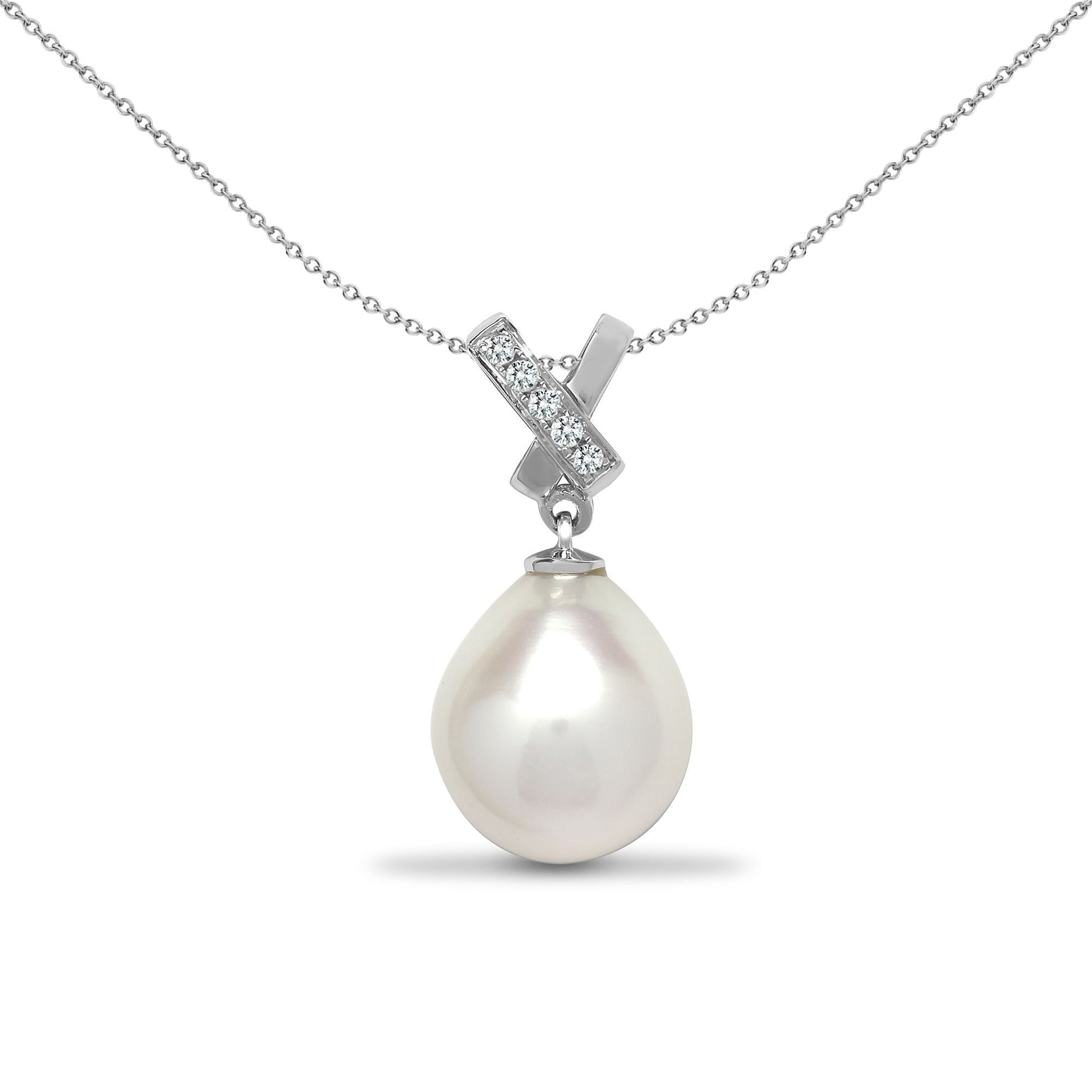 18ct White Gold  0.04ct Diamond Pearl Pearl V Bale Drop Pendant - 18P221