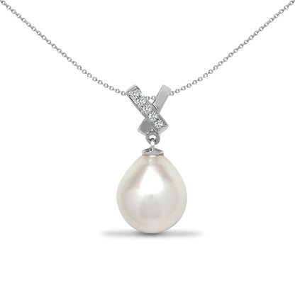 18ct White Gold  0.04ct Diamond Pearl Pearl V Bale Drop Pendant - 18P221
