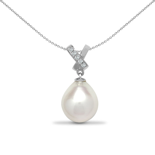 18ct White Gold  0.04ct Diamond Pearl Pearl V Bale Drop Pendant - 18P221