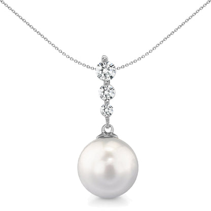 18ct White Gold  0.2ct Diamond 9mm Full Moon Pearl Trilogy Pendant - 18P223