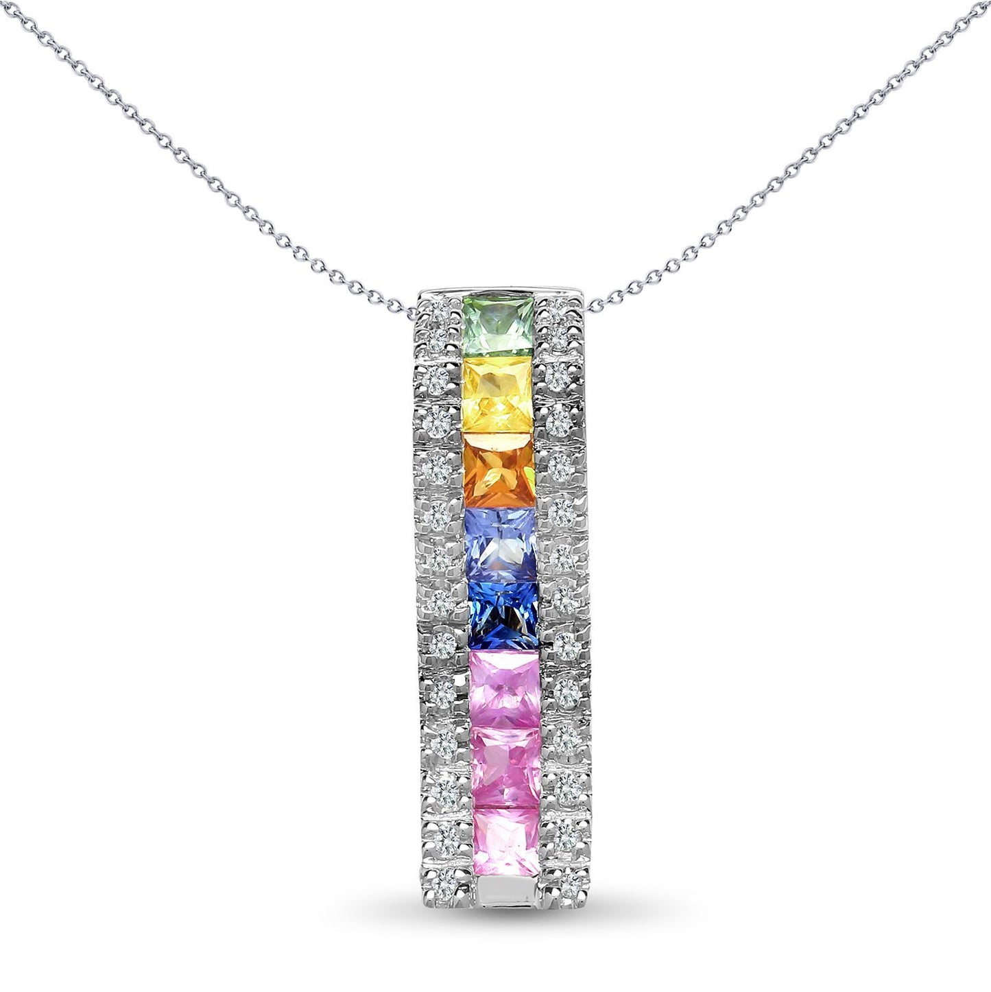 18ct White Gold  Diamond Rainbow Sapphire Eternity Drop Pendant - 18P228