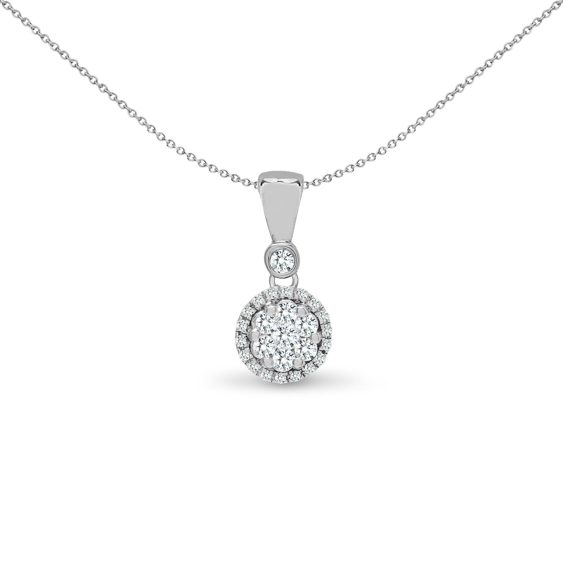 18ct White Gold  0.2ct Diamond Halo Cluster Drop Pendant - 18P315