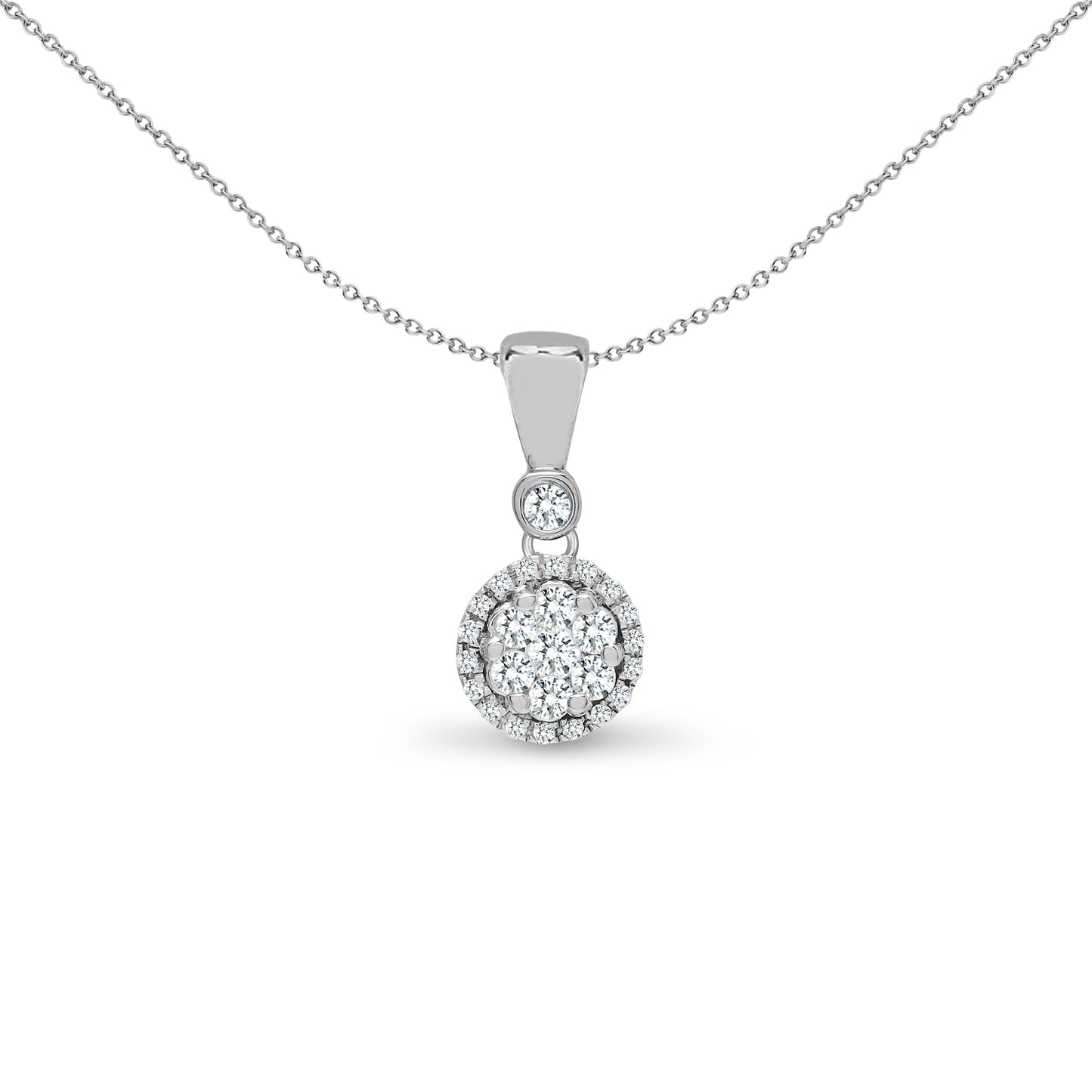 18ct White Gold  0.2ct Diamond Halo Cluster Drop Pendant - 18P315