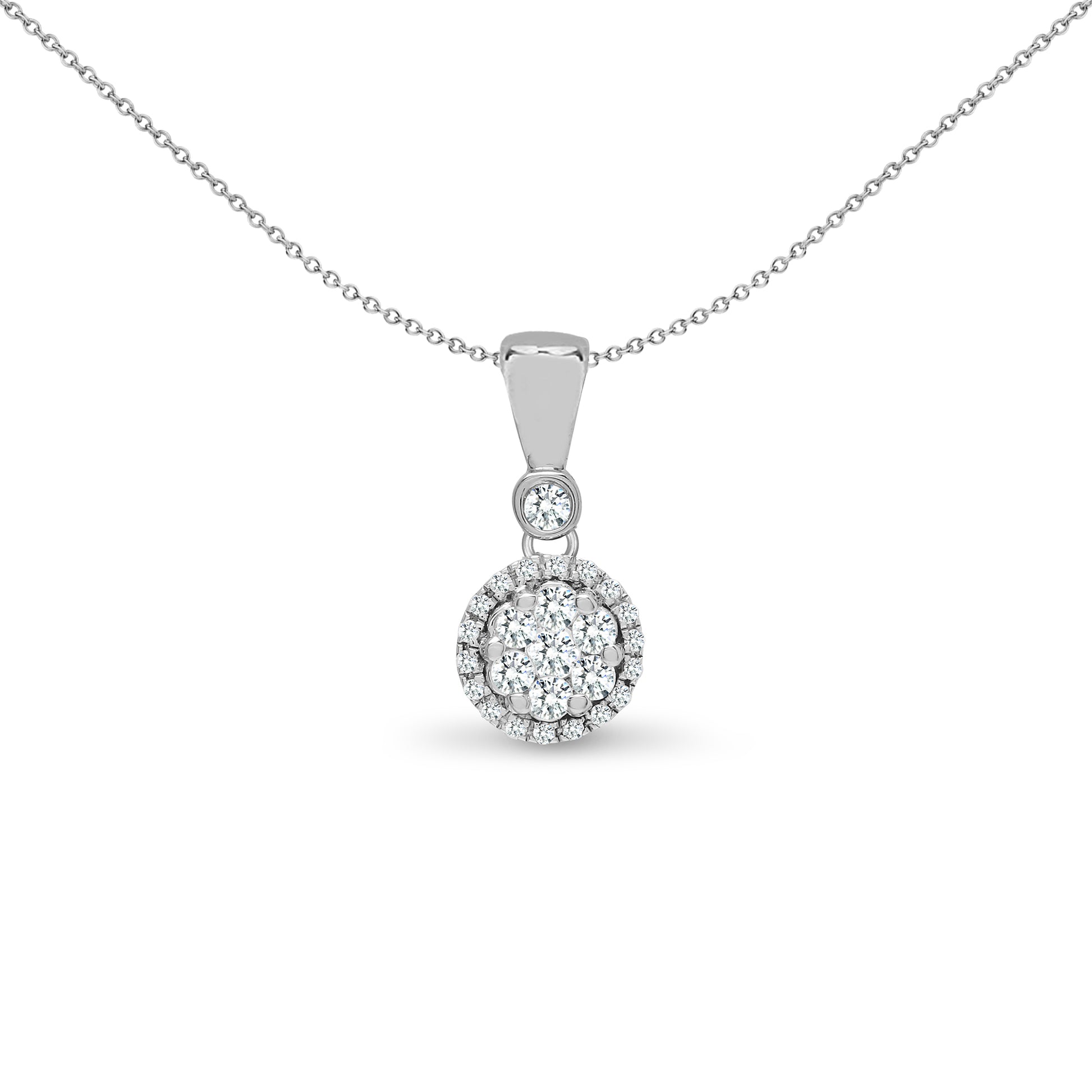 18ct White Gold  0.2ct Diamond Halo Cluster Drop Pendant - 18P315