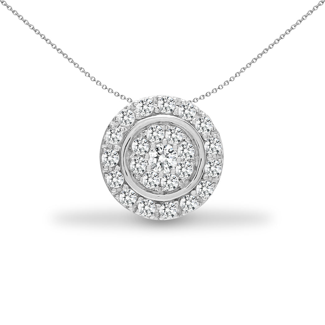 18ct White Gold  0.2ct Diamond Halo Disc Cluster Slider Pendant - 18P317