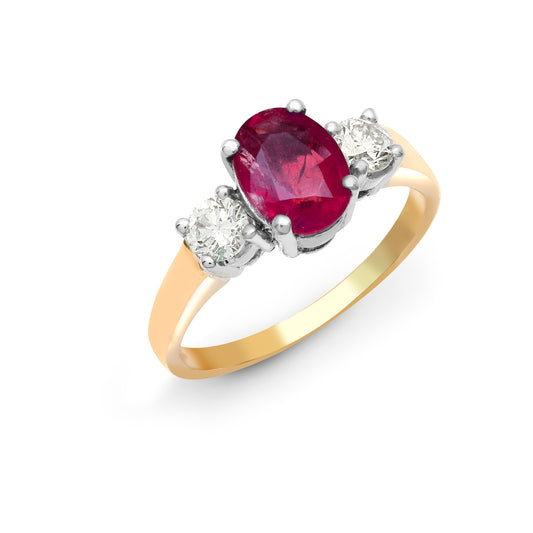 18ct Gold  Diamond Red Ruby Trilogy Engagement Ring 8mm - 18R568