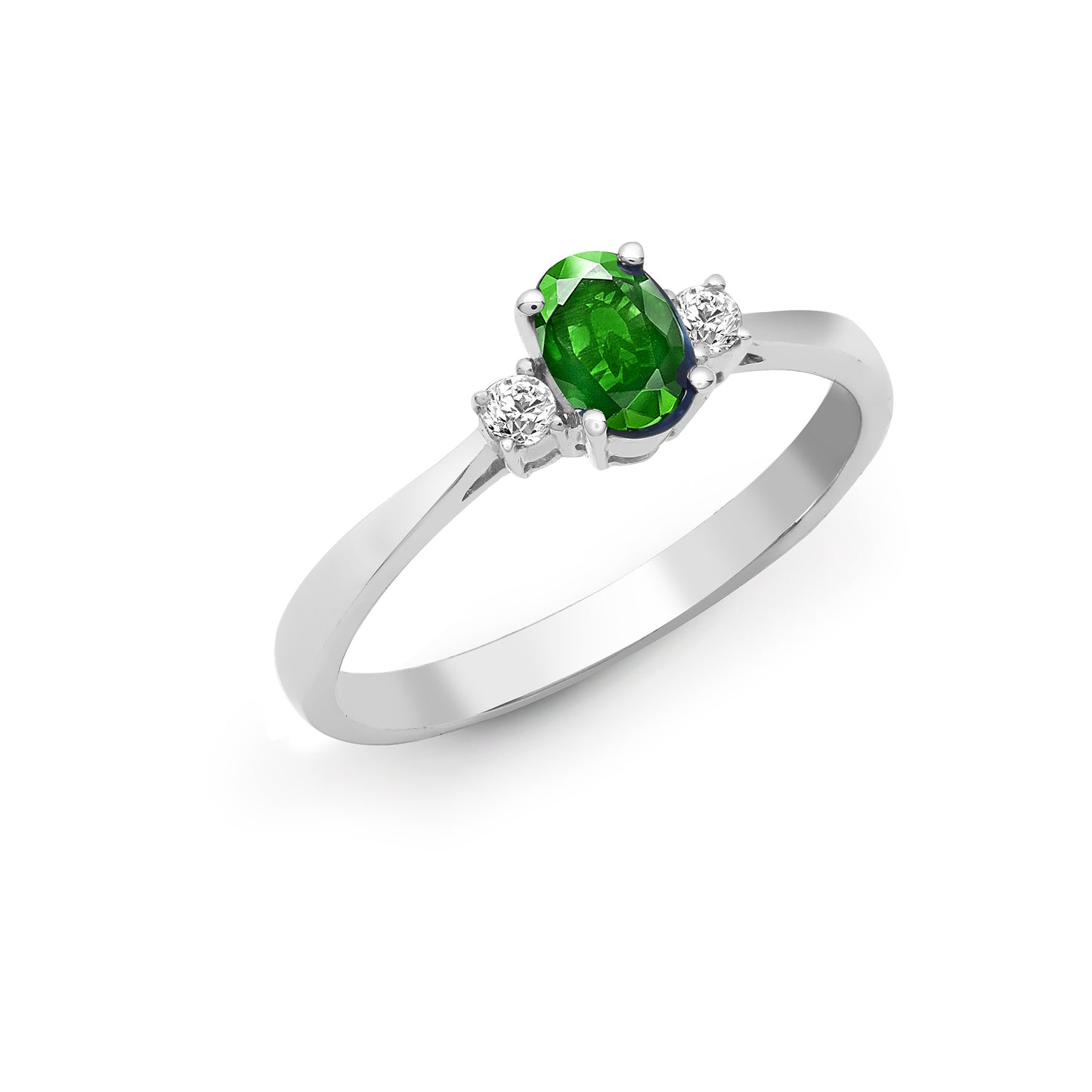 18ct White Gold  Diamond Green Emerald Trilogy Engagement Ring 6mm - 18R631