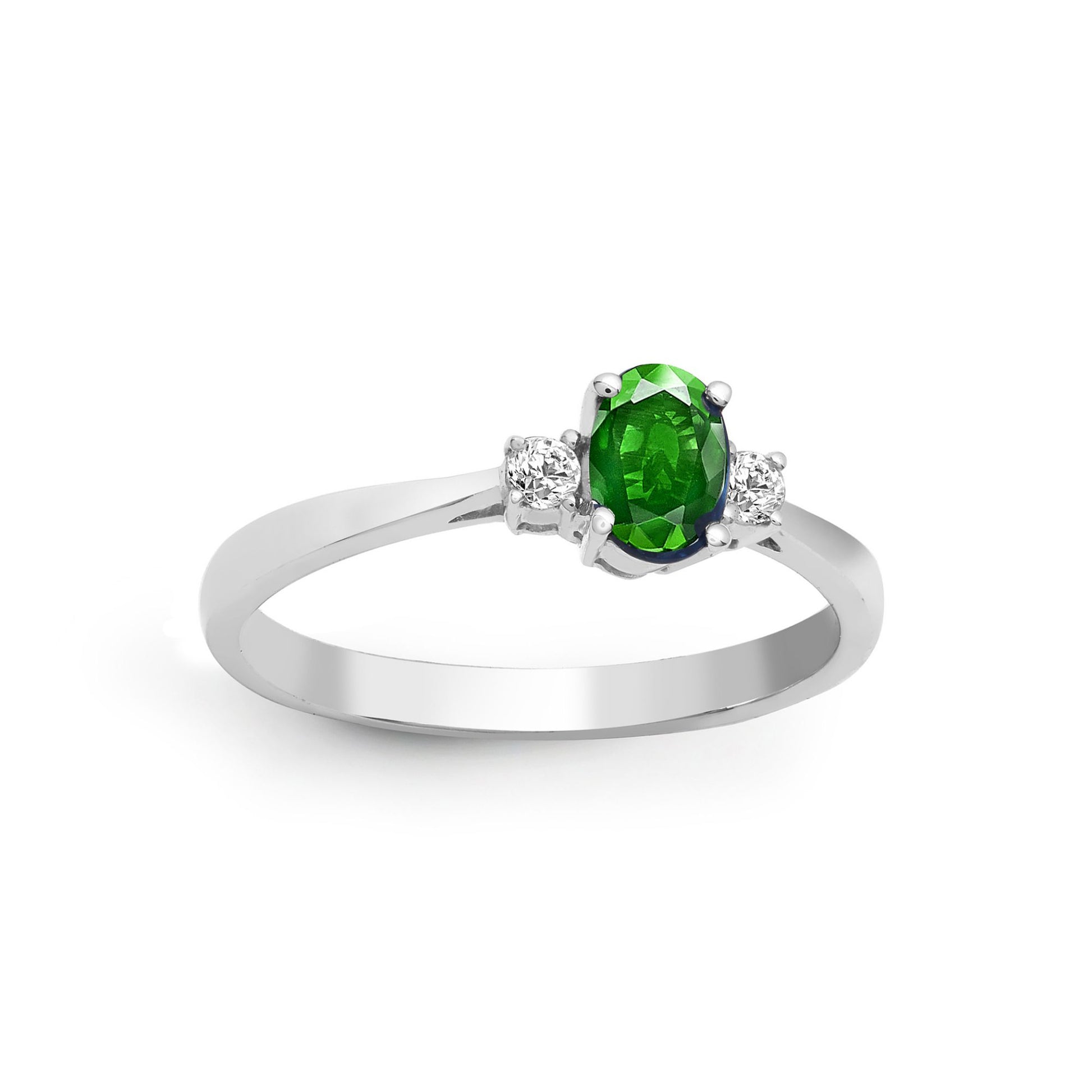 18ct White Gold  Diamond Green Emerald Trilogy Engagement Ring 6mm - 18R631