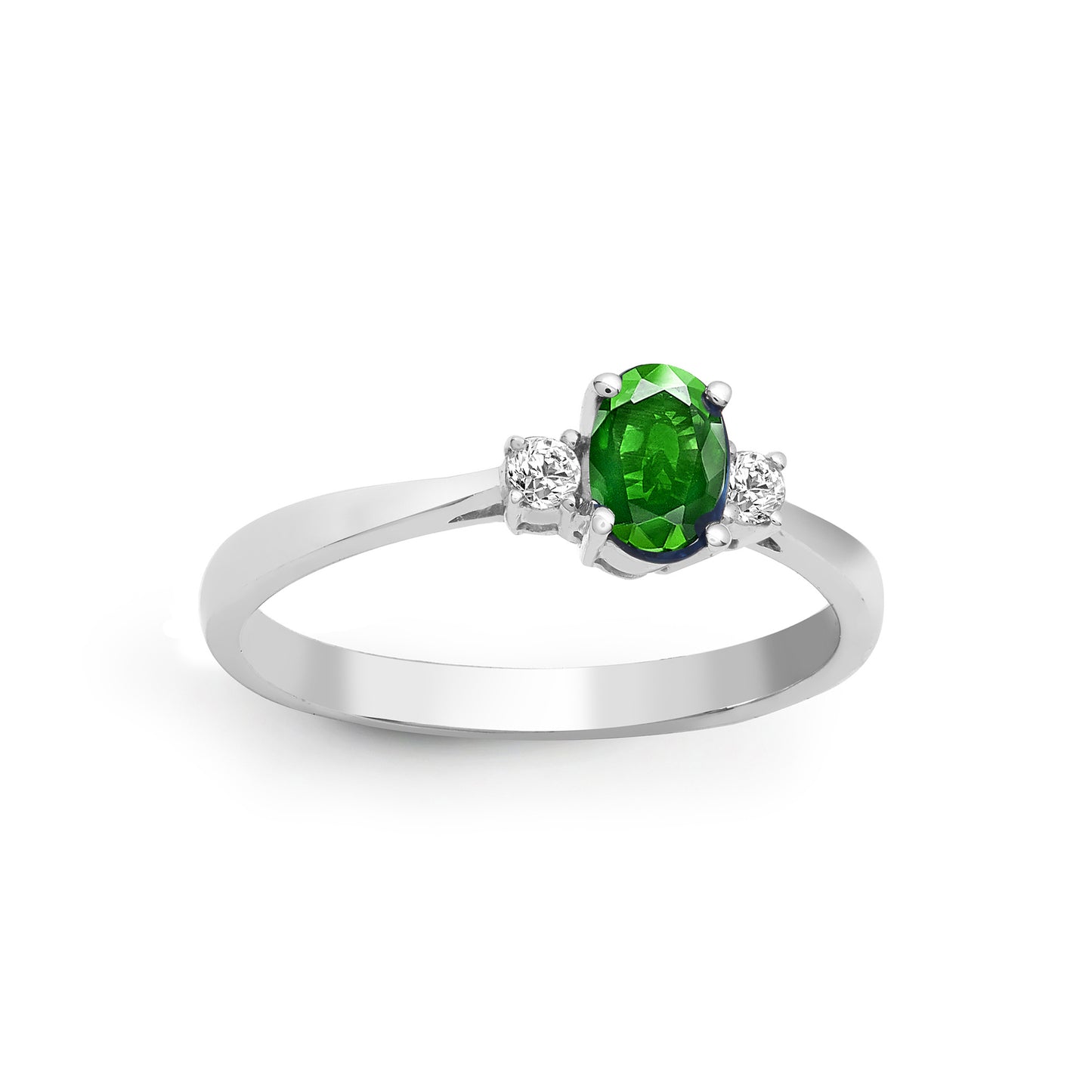 18ct White Gold  Diamond Green Emerald Trilogy Engagement Ring 6mm - 18R631