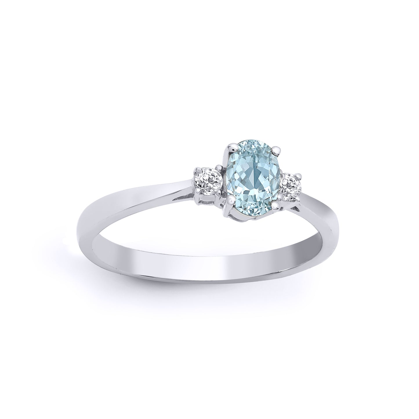 18ct White Gold  Diamond Aquamarine Trilogy Engagement Ring 6mm - 18R634