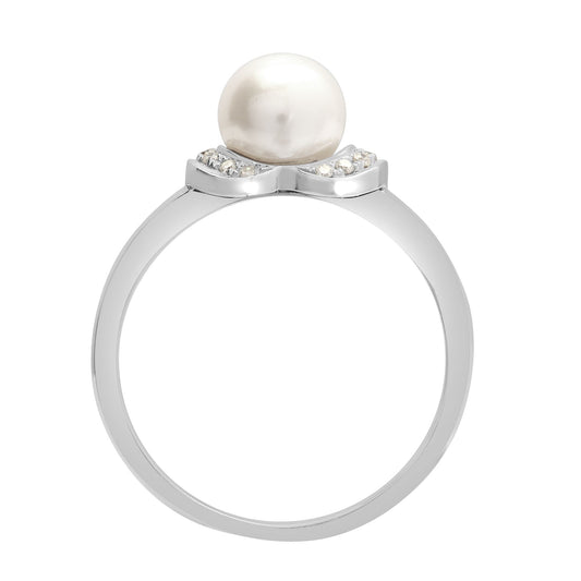 18ct White Gold  Diamond Pearl Collared Solitaire Ring 7mm - 18R647