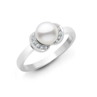 18ct White Gold  Diamond Pearl Collared Solitaire Ring 7mm - 18R647