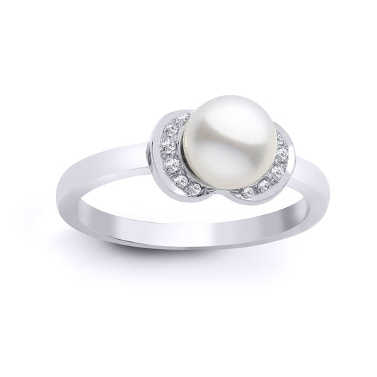 18ct White Gold  Diamond Pearl Collared Solitaire Ring 7mm - 18R647