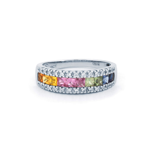 18ct White Gold  Diamond Rainbow Sapphire Half Eternity Ring 5mm - 18R657