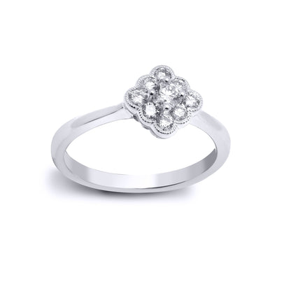 18ct White Gold  0.4ct Diamond Bead Edge Square Cluster Ring 8mm - 18R762