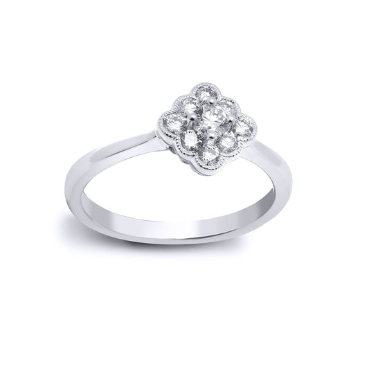 18ct White Gold  0.4ct Diamond Bead Edge Square Cluster Ring 8mm - 18R762