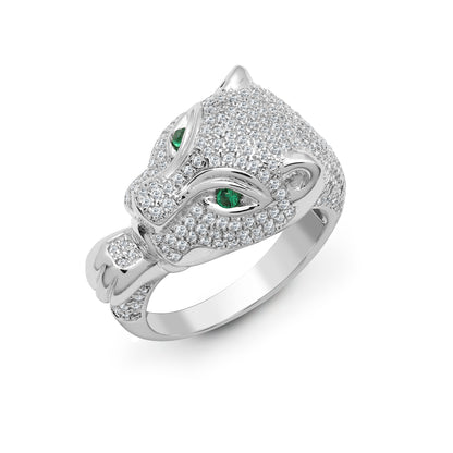 18ct White Gold  Diamond Emerald Black Panther Cluster Ring 13mm - 18R917