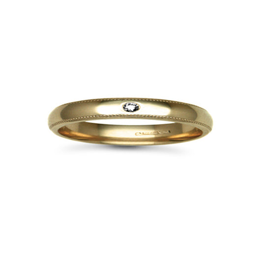 18ct Gold  3mm Court Mill-Grain Diamond 2pt Solitaire Wedding Ring - 18W011-3