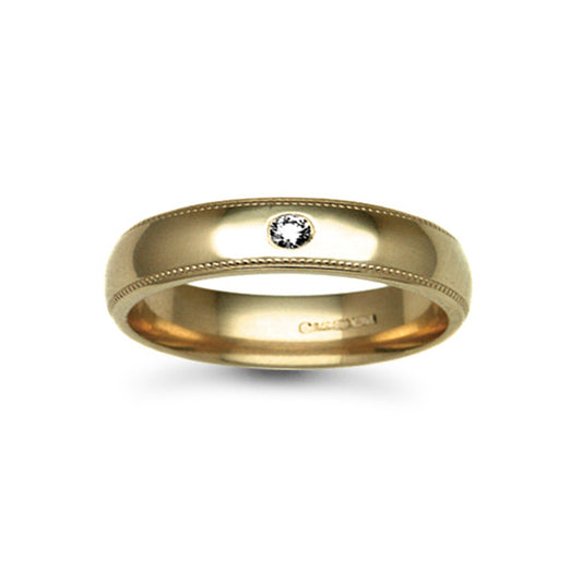 18ct Gold  5mm Court Mill-Grain Diamond 5pt Solitaire Wedding Ring - 18W011-5