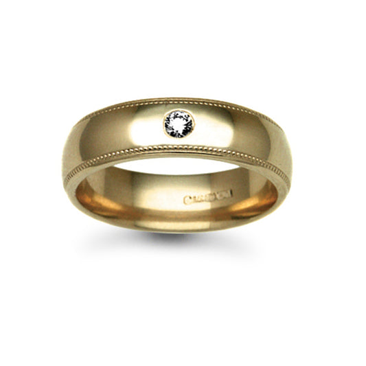 18ct Gold  6mm Court Mill-Grain Diamond 8pt Solitaire Wedding Ring - 18W011-6
