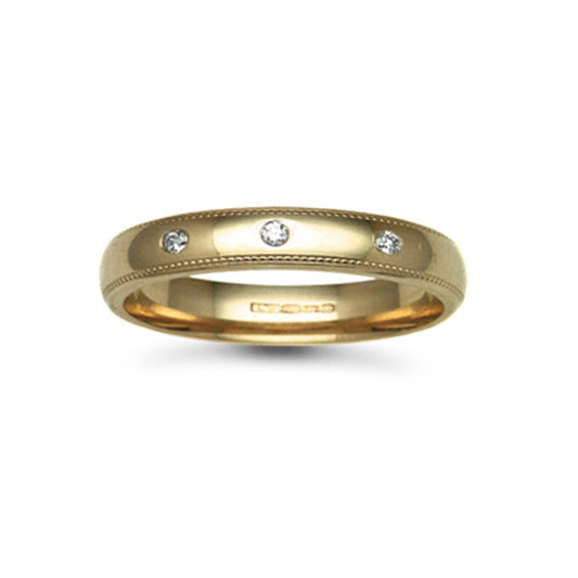 18ct Gold  4mm Court Mill-Grain Diamond 9pts Trilogy Wedding Ring - 18W013-4