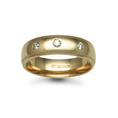 18ct Gold  6mm Court Mill-Grain Diamond 15pts Trilogy Wedding Ring - 18W013-6