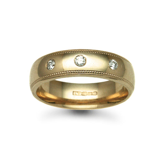 18ct Gold  6mm Court Mill-Grain Diamond 15pts Trilogy Wedding Ring - 18W013-6