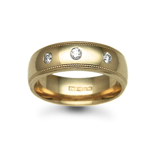 18ct Gold  7mm Court Mill-Grain Diamond 24pts Trilogy Wedding Ring - 18W013-7
