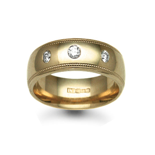18ct Gold  8mm Court Mill-Grain Diamond 24pts Trilogy Wedding Ring - 18W013-8