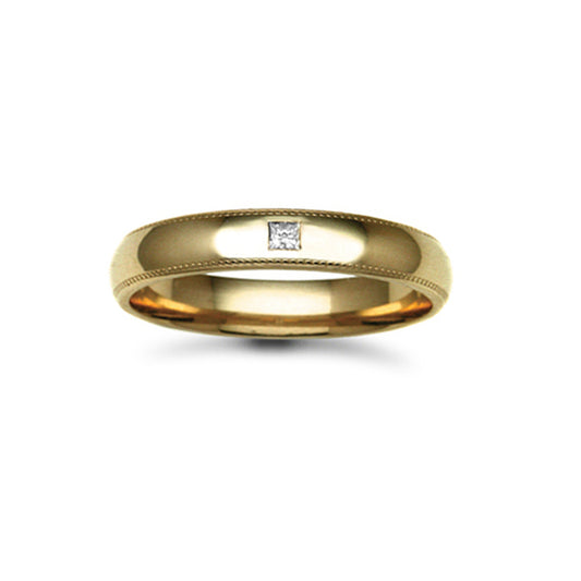 18ct Gold  4mm Court Mill-Grain Diamond 5pt Solitaire Wedding Ring - 18W017-4