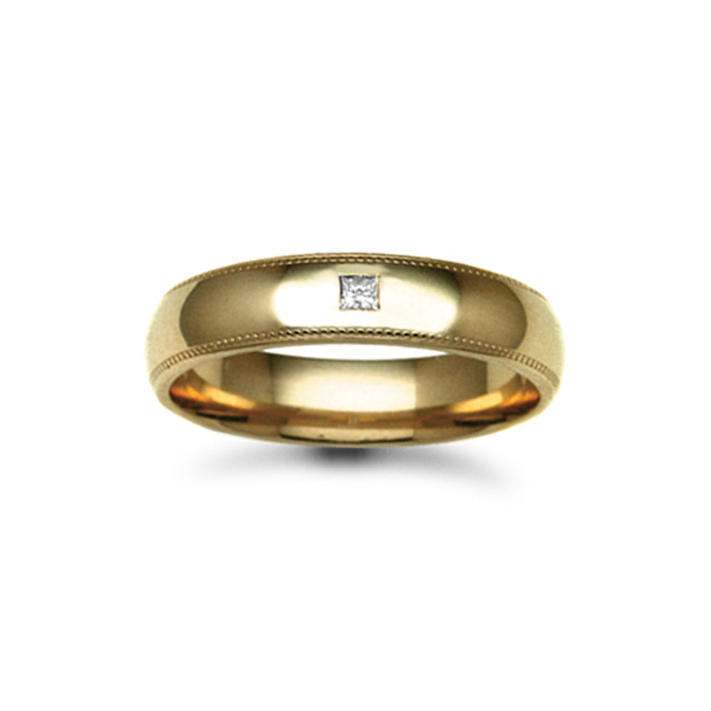 18ct Gold  5mm Court Mill-Grain Diamond 5pt Solitaire Wedding Ring - 18W017-5