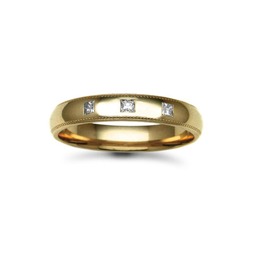 18ct Gold  4mm Court Mill-Grain Diamond 15pts Trilogy Wedding Ring - 18W019-4