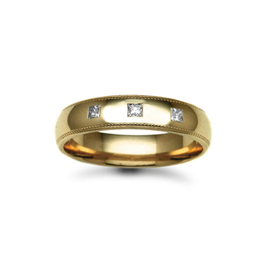 18ct Gold  5mm Court Mill-Grain Diamond 15pts Trilogy Wedding Ring - 18W019-5