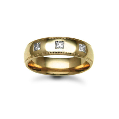 18ct Gold  6mm Court Mill-Grain Diamond 30pts Trilogy Wedding Ring - 18W019-6