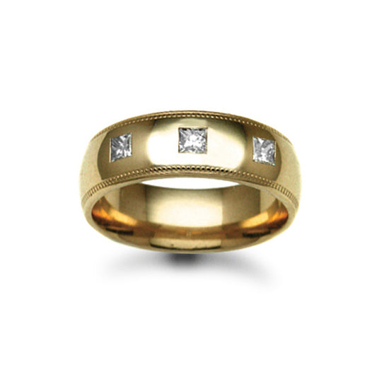 18ct Gold  7mm Court Mill-Grain Diamond 30pts Trilogy Wedding Ring - 18W019-7