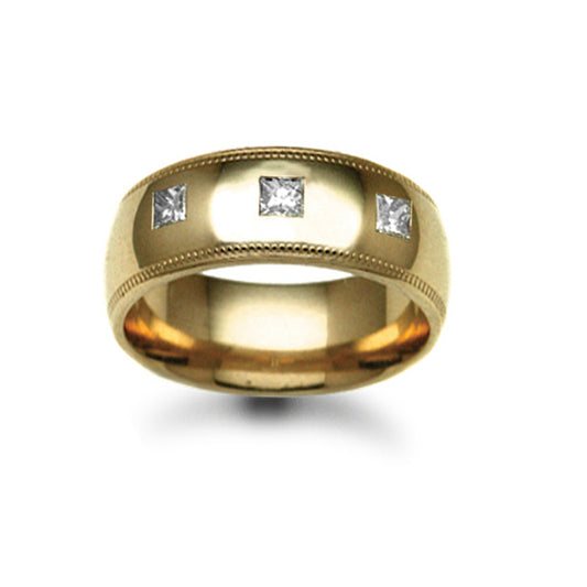 18ct Gold  8mm Court Mill-Grain Diamond 30pts Trilogy Wedding Ring - 18W019-8