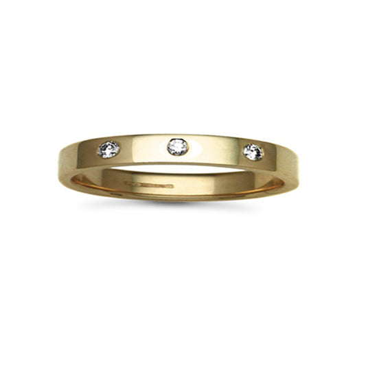 18ct Gold  3mm Flat Court Diamond 9pts Trilogy Wedding Ring - 18W025-3