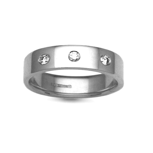 18ct White Gold  6mm Flat Court Diamond 24pts Trilogy Wedding Ring - 18W026-6