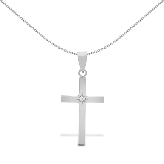 18ct White Gold  0.03ct Diamond Minimalist Solitaire Cross Pendant - 18X107