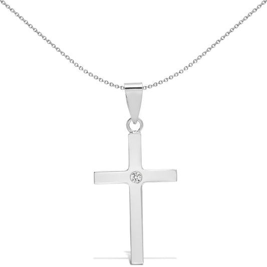 18ct White Gold  0.03ct Diamond Minimalist Solitaire Cross Pendant - 18X109