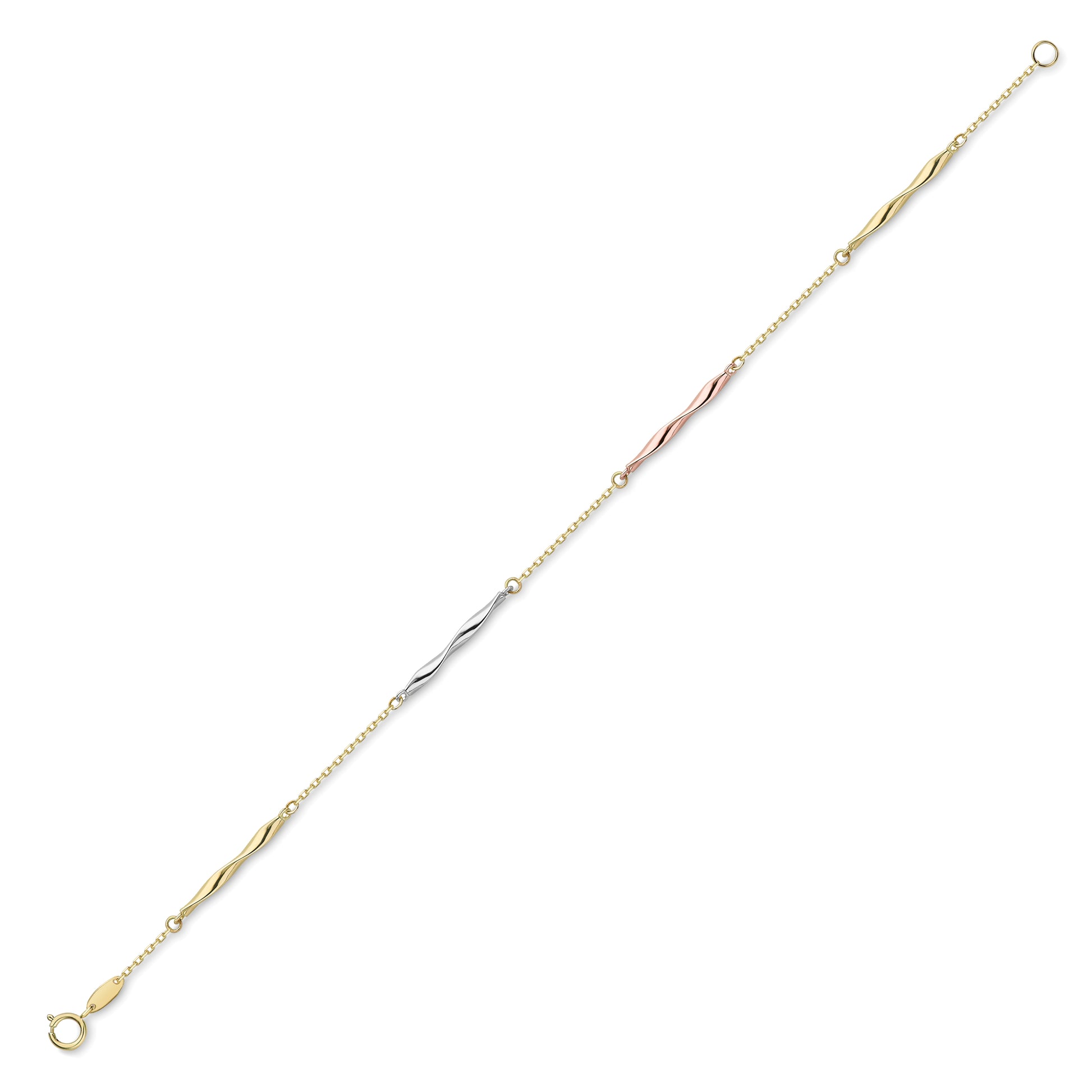 9ct 3 Colour Gold  Licorice Twist Trace Chain Bracelet 7.25" 18cm - CNNR02161-07
