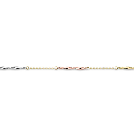 9ct 3 Colour Gold  Licorice Twist Trace Chain Bracelet 7.25" 18cm - CNNR02161-07